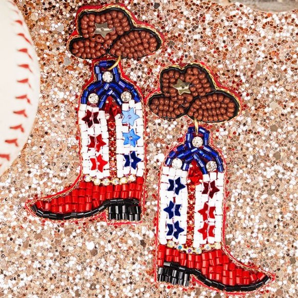 ICON Patriotic Cowboy Boot Seed Bead Earrings NWT - Picture 1 of 5